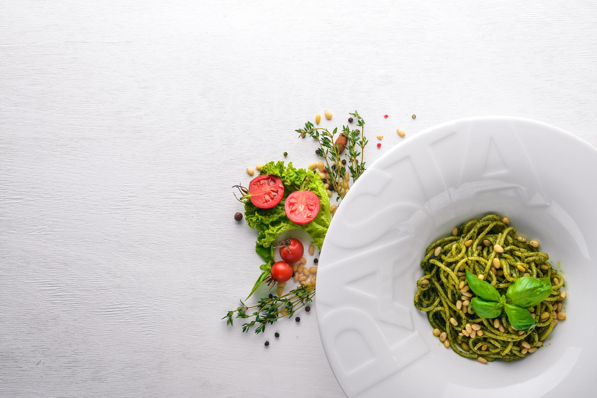Plated pasta with fresh herbs